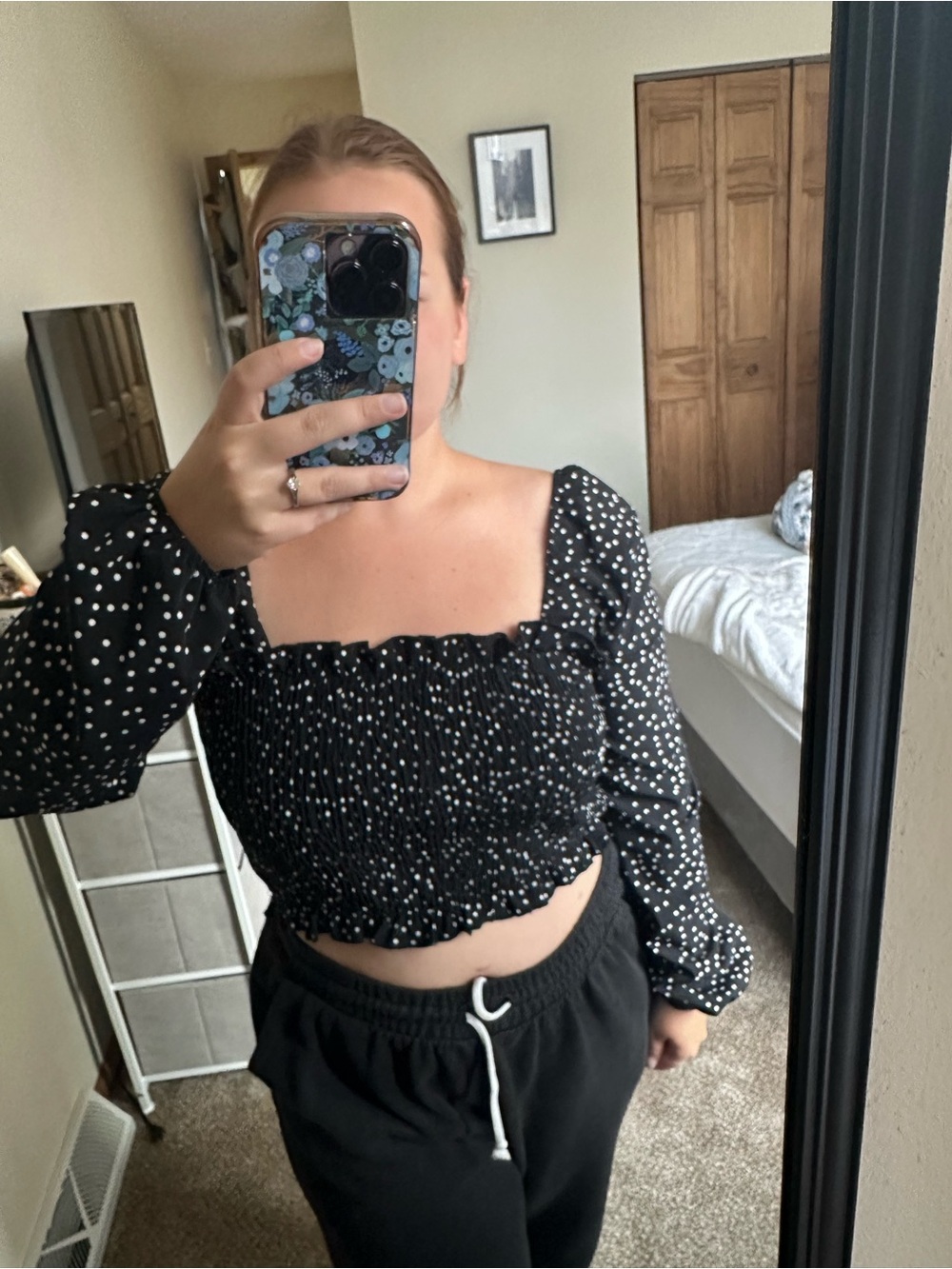 Smocked Long-Sleeve Square Neck Crop Top - Black with White Dots